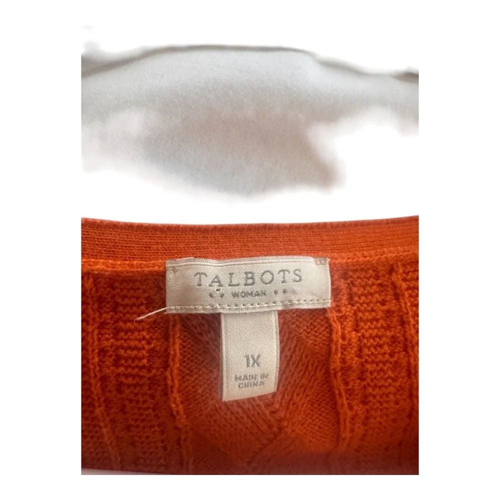 Talbots 1X V-Neck 100% Cotton Cable Knit Sweater Plus Orange Casual Cozy‎ Preppy